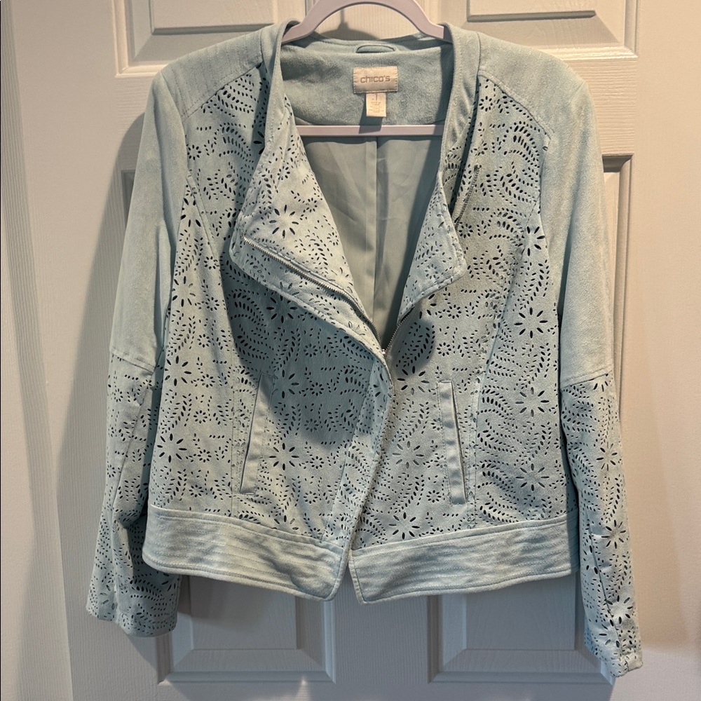 Chico's Sky Blue Laser Cut Blazer. Soft Faux Suede - Versatile Styling Options